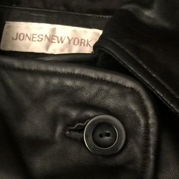JONES NEW YORK BLACK LEATHER PEACOAT JACKET WOMENS M BUTTON UP DOUBLE BREASTED - Picture 8 of 15